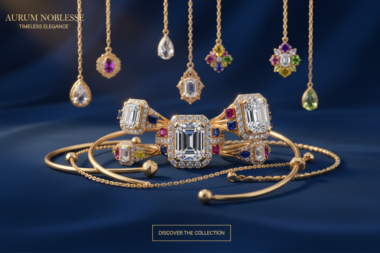 Luxury jewelry brand hero banner for website homepage, premium and elegant look.
Showcase a stunning collection of gold jewelry including rings, bracelets, and pendants displayed together.
High-polish 18K & 22K gold finish, diamond and gemstone detailing, reflective shine.
Rings placed in the center, bracelets gracefully curved around, pendants hanging or layered for depth.
Soft warm lighting, rich beige or dark royal background, minimal and classy aesthetic.
Cinematic composition, ultra-high resolution, ph